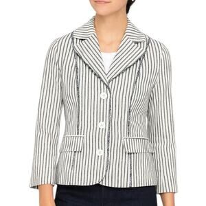 LOFT Blazer Jacket Cream Black Stripe Raw Hem 3 Button Front Women's Size 4